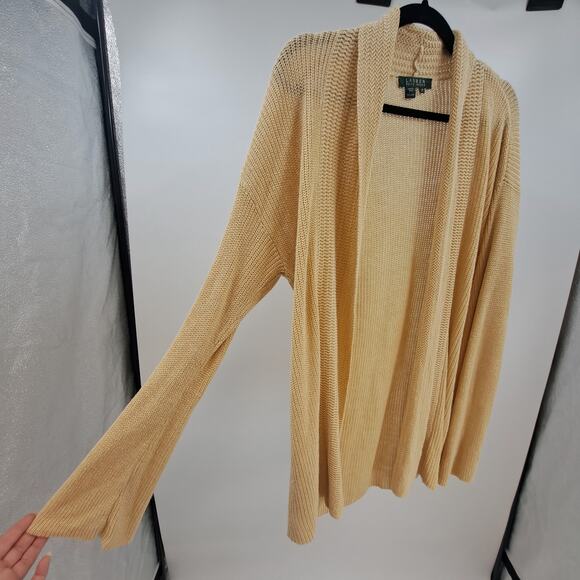 Lauren Ralph Lauren Womens‎ Cardigan M 100% Linen Open Front Knit Sweater Beige - Picture 3 of 6